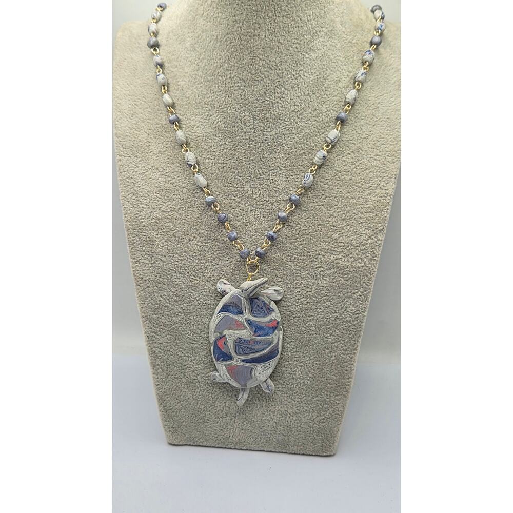Vintage Artisan Turtle Pendant Necklace Polymer Clay Beaded 22in